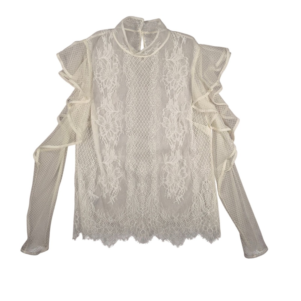Sabian Lace Ruffle Blouse XS Women Ivory Sheer Cold Shoulder Top